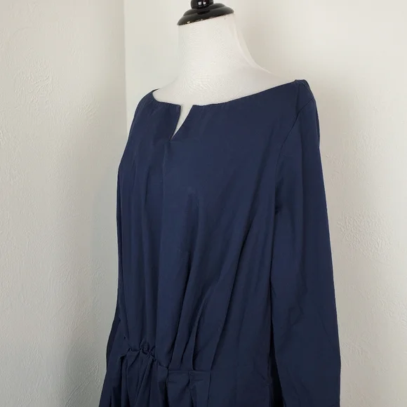 Eshakti Dress Bishop Sleeve Cotton Poplin Pleated Navy Blue Modest Classic Midi - Picture 6 of 15